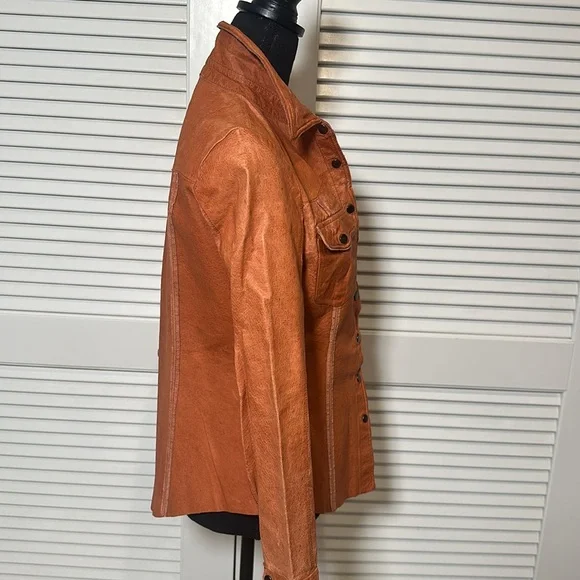100% Genuine Leather Snap-Button Shirt Jacket (Size Medium, Rust Orange Vintage) - Picture 6 of 16